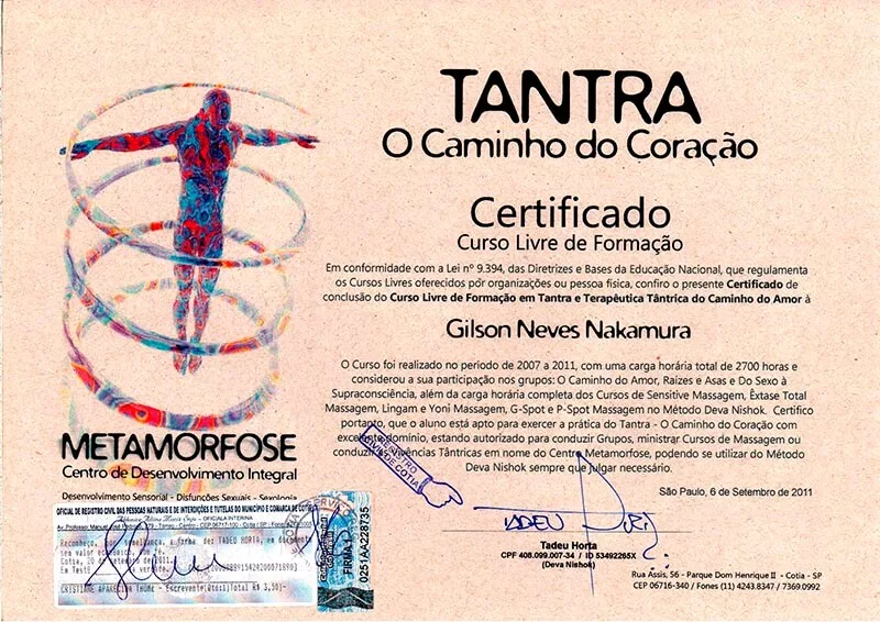 Certificado Gilson Nakamura - Formação Completa 2700h em Terapêutica Tântrica (Centro Metamorfose)