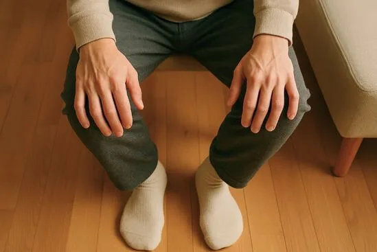 Pés firmes no chão e mãos apoiadas nas pernas, mostrando um microgesto de bioenergética corporal no dia a dia.
