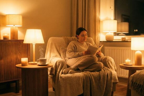 Ambiente interno acolhedor com iluminação suave e quente, simbolizando a paz de um sistema nervoso regulado e a ideia de que o Tantra é um caminho seguro.