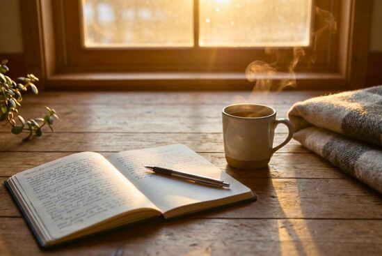 Caderno e chá em um momento de pausa reflexiva, representando a integração pós-prática e o cuidado com a excitação involuntária no Tantra através do relaxamento.