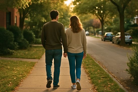 Casal caminhando lado a lado em rua tranquila, sugerindo presença no relacionamento construída diariamente.