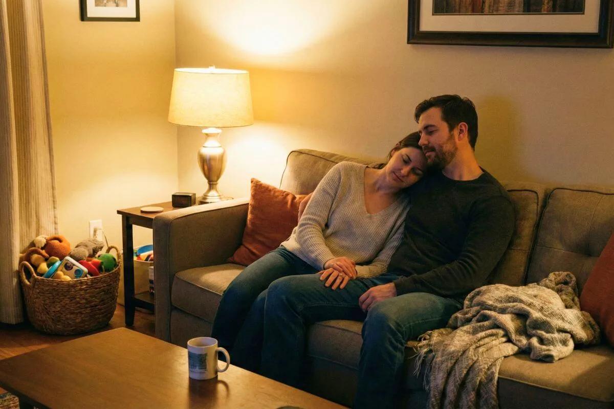 Casal sentado em sala simples, mãos dadas em silêncio, iniciando exercícios de intimidade para casais à noite.