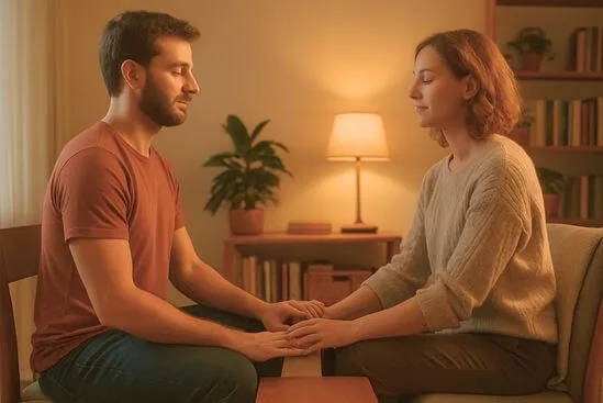 Casal sentado de frente, mãos dadas e respiração calma, em exercícios de consciência corporal a dois.