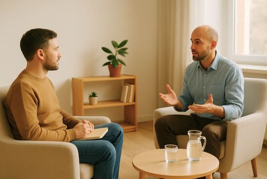 Cliente conversando com terapeuta em ambiente calmo, transmitindo segurança em vivências tântricas e escolhas conscientes.