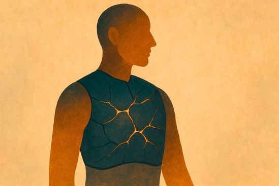 Corpo com armadura rachada no peito, resistindo à promessa fácil de terapia de cura rápida que ignora o tempo da couraça.