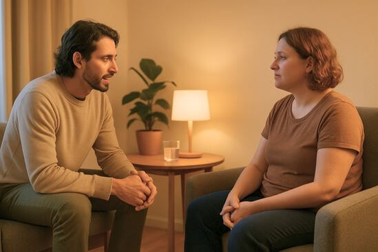 Facilitador e participante conversam frente a frente em sala acolhedora, transmitindo confiança e segurança no Tantra.