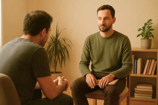 Facilitador sentado, presente e enraizado diante de cliente vulnerável, ilustrando um tantra sensível ao trauma.