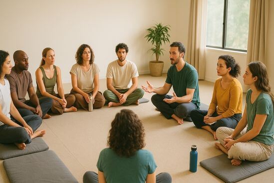 Grupo em círculo ouvindo facilitador explicar limites, representando a responsabilidade do terapeuta tântrico com clareza.