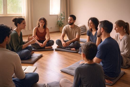 Grupo pequeno em roda, facilitador explicando limites, catarse no tantra e respirando junto, transmitindo segurança no tantra.