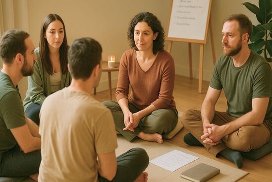 Grupo pequeno em roda, facilitador escuta participante com atenção, enfatizando os sinais de um tantra sério.