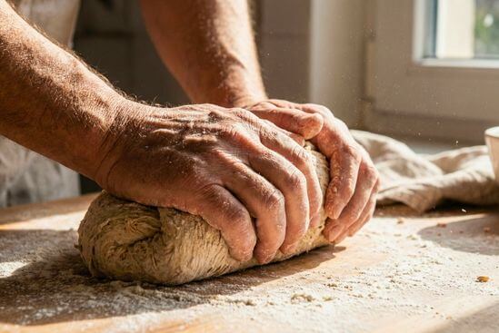Mãos sovando pão ou preparando alimentos crus, servindo como metáfora de processo para desmentir que Tantra é só sexo.