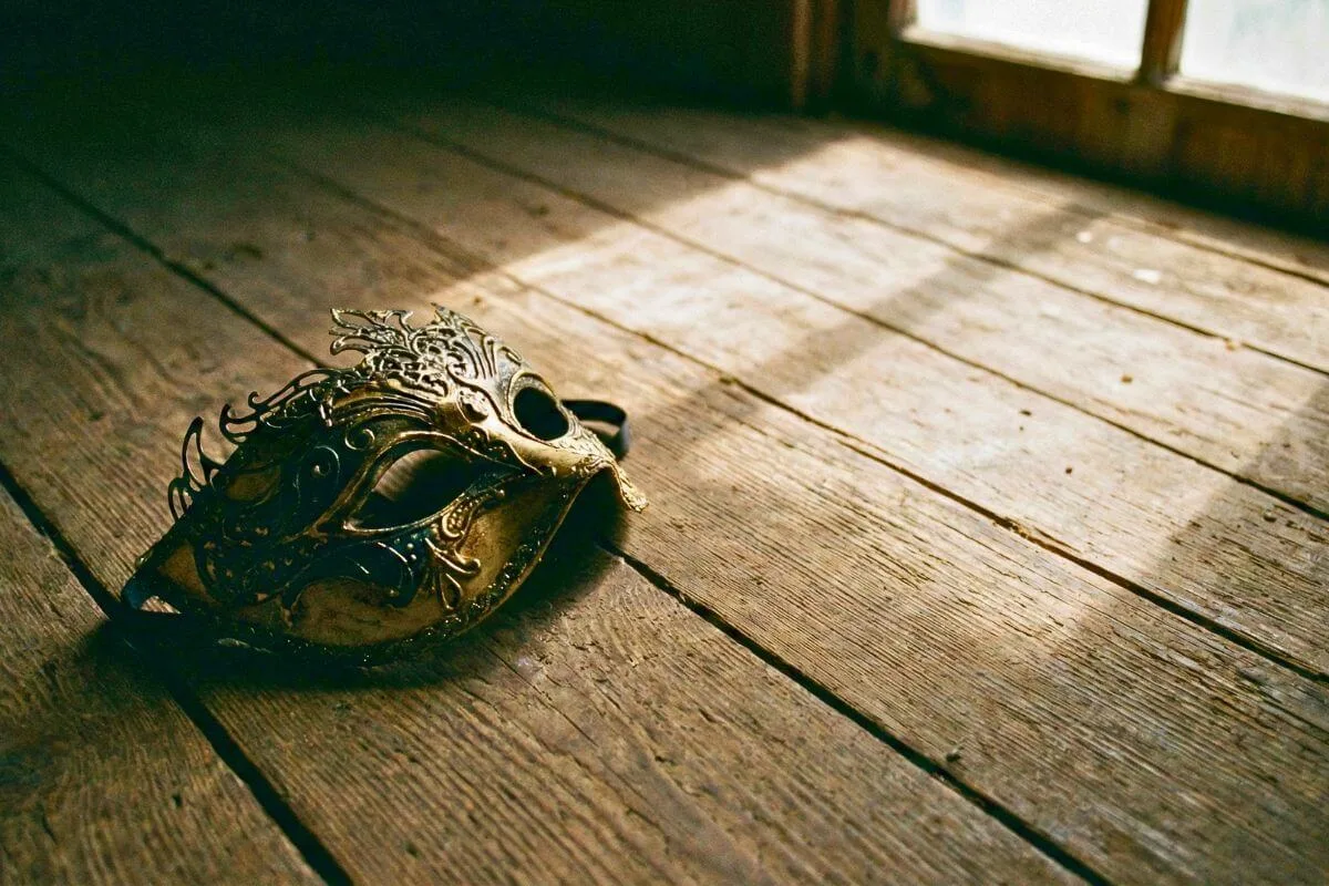 Máscara teatral caída sobre chão rústico iluminado por luz natural, simbolizando a descoberta de o que é Tantra de verdade para além das aparências e mitos.