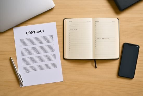 Mesa com contrato, agenda e celular organizados, remetendo ao código de ética do terapeuta tântrico.