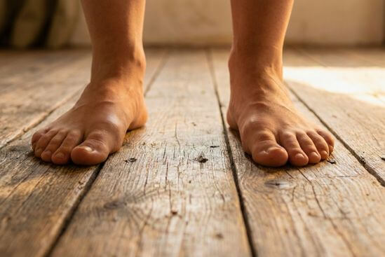 Pés descalços firmes no chão de madeira durante uma prática de aterramento, mostrando o que esperar de um workshop de Tantra.