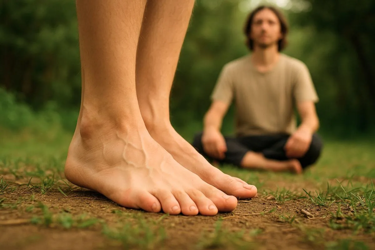 Pés descalços firmemente plantados no chão, um ato de presença e de voltar para o corpo.
