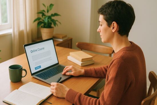 Pessoa adulta analisa informações de curso em laptop, refletindo sobre como escolher um tantra seguro.