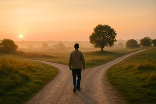 Pessoa caminhando por caminho sinuoso em paisagem aberta ao amanhecer, explorando o verdadeiro significado de Tantra.