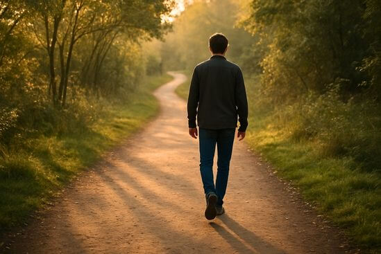 Pessoa caminhando em trilha longa, mostrando que o caminho tântrico é processo vivido, não Tantra é religião rígida e pronta.