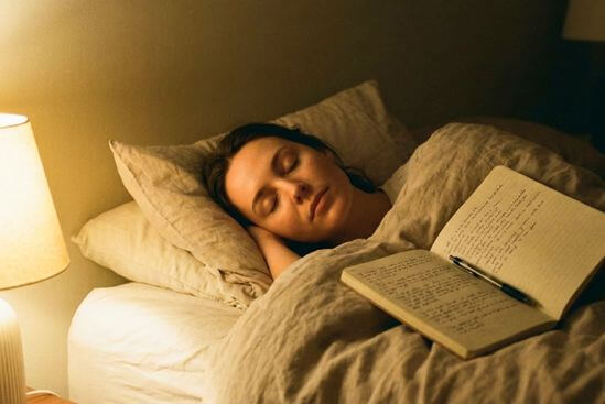 Pessoa deitada em quarto com luz suave, caderno ao lado, rosto sereno após práticas simples de presença diária e relaxamento do rosto.