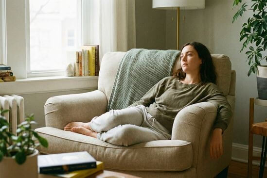 Pessoa descansando acordada no sofá em ambiente tranquilo, aceitando a seca espiritual como parte da regulação do corpo.