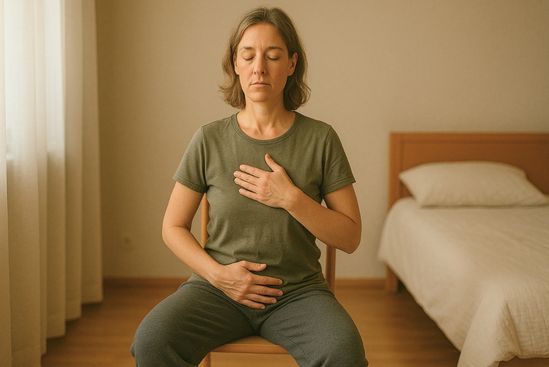 Pessoa em casa, pés no chão, mão no peito e atenção ao baixo ventre, integrando sistema nervoso e chakras em práticas simples.