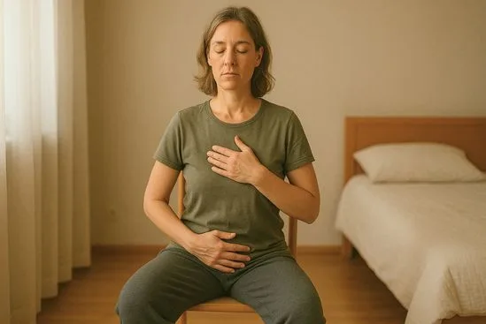 Pessoa em casa, pés no chão, mão no peito e atenção ao baixo ventre, integrando sistema nervoso e chakras em práticas simples.