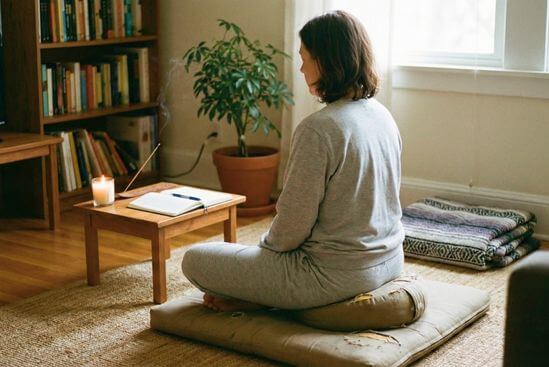Pessoa em prática simples no tapete, atravessando o tédio na meditação com constância silenciosa.