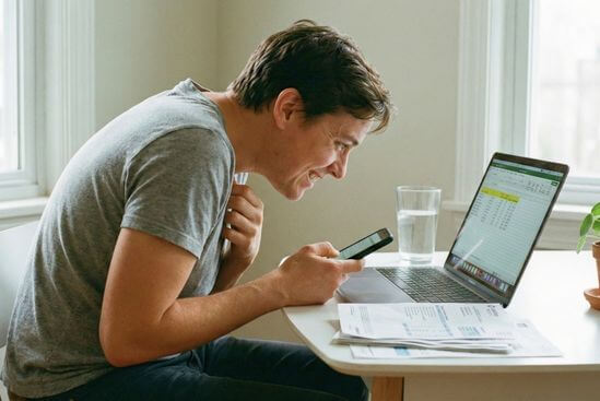 Pessoa encolhida à mesa com boletos e celular, corpo expressando trauma financeiro ao lidar com relação com o dinheiro.