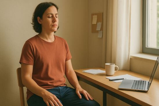 Pessoa faz respiração consciente para ansiedade sentada à mesa, olhos fechados, ombros soltos.