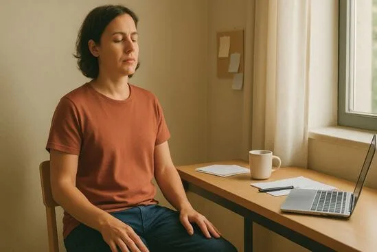 Pessoa faz respiração consciente para ansiedade sentada à mesa, olhos fechados, ombros soltos.
