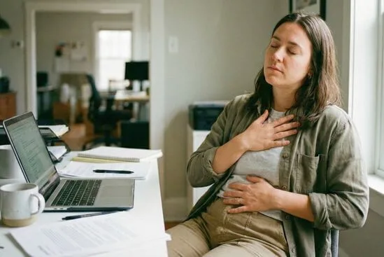 Pessoa fazendo uma pausa consciente sentada em sua mesa de trabalho, praticando mindfulness corporal no meio da rotina com o objetivo de como desenvolver consciência corporal.