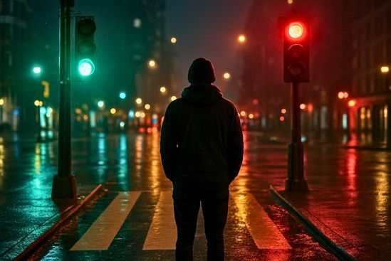 Pessoa parada em faixa de pedestre à noite entre luz verde e vermelha, simbolizando sinais de alerta no tantra.
