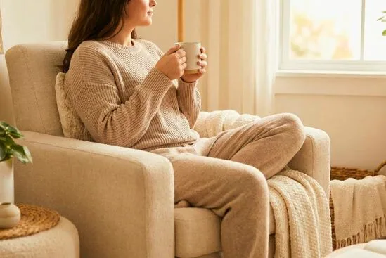 Pessoa relaxada em ambiente tranquilo com luz suave, refletindo sobre como cuidar de você e da relação e recuperar o equilíbrio após um conflito.