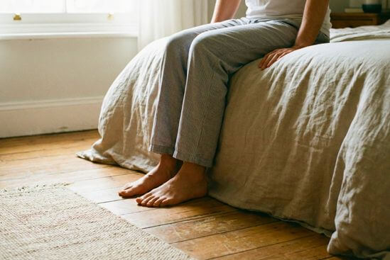 Pessoa sentada na beira da cama, pés no chão, iniciando práticas de presença ao acordar.