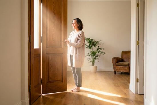 Pessoa tranquila recebendo a luz que entra por uma porta, simbolizando a paz de quem aprendeu a aceitar o vazio do domingo como um encontro consigo mesmo, representando a diferença entre solidão e solitude.