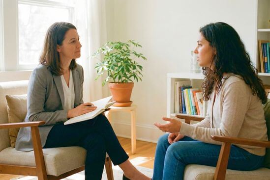 Profissional e cliente conversam sobre limites no toque, construindo ética em ambiente seguro.