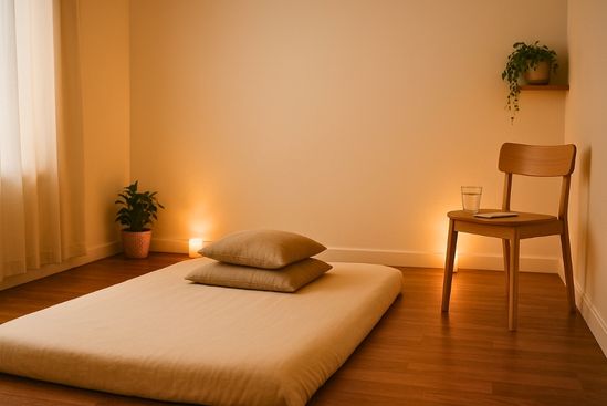 Sala de atendimento tântrico simples e acolhedora, com futon e almofadas, sugerindo cuidado ético com chakras no Tantra.