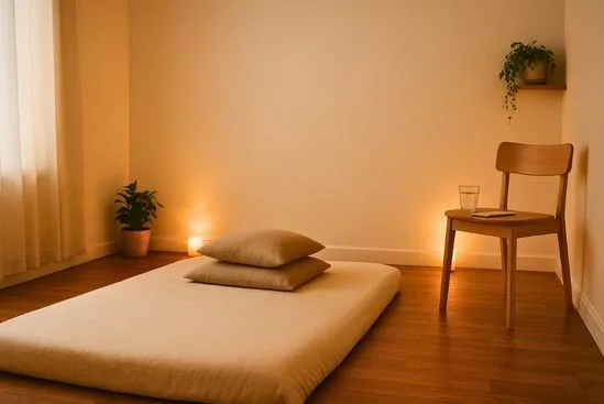 Sala de atendimento tântrico simples e acolhedora, com futon e almofadas, sugerindo cuidado ético com chakras no Tantra.