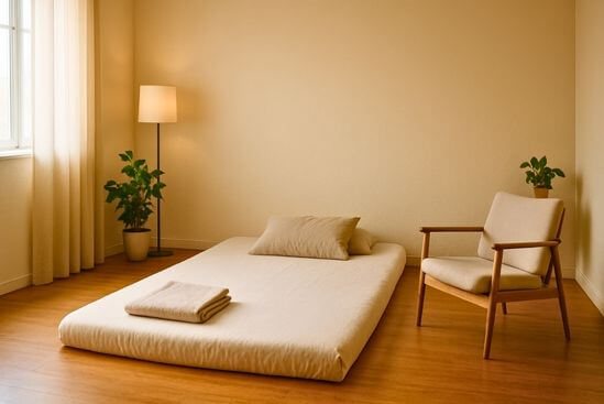 Sala simples de terapia corporal, mostrando verdades sobre o tantra de que ele não é: show, e sim espaço de cuidado silencioso.