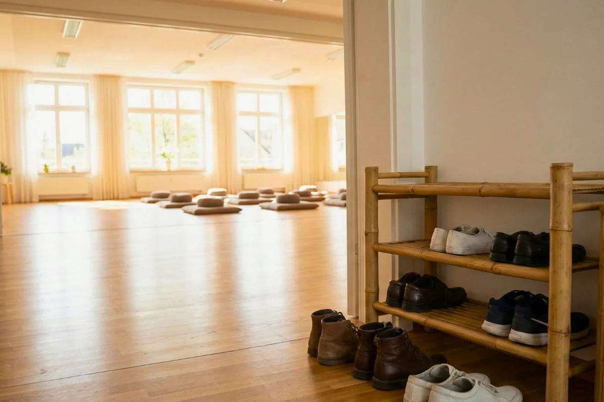 Sapatos organizados na entrada de uma sala ampla e iluminada com piso de madeira, ilustrando o ambiente acolhedor e o que acontece em um workshop de Tantra.