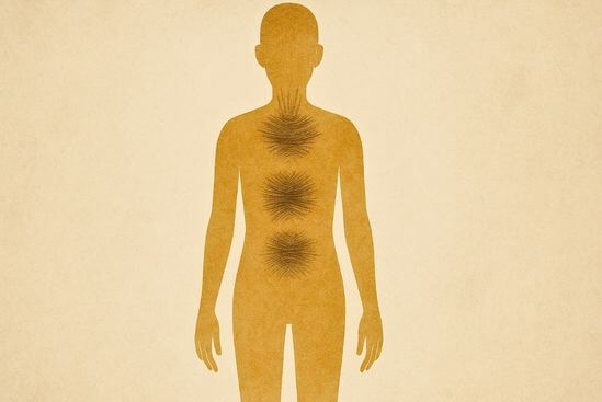 Silhueta humana com garganta e estômago tensos, traduzindo sinais do corpo quando alguém teme que Tantra é perigoso.
