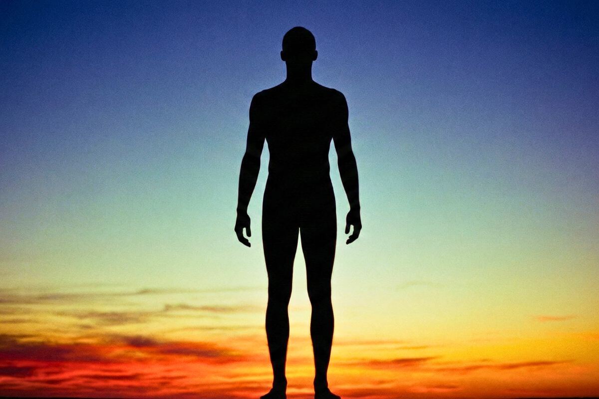 Silhueta humana alinhada contra um céu em degradê natural, ilustrando o significado dos 7 chakras como um mapa de consciência.
