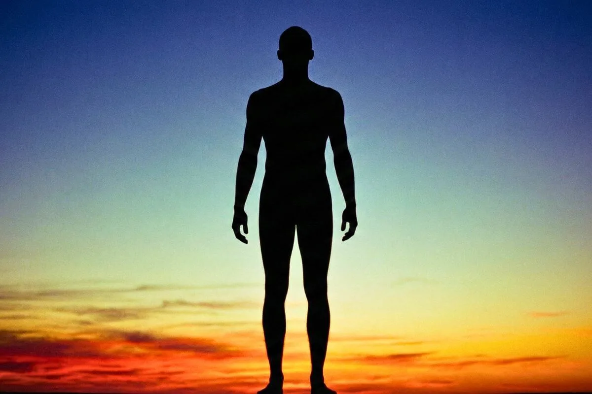 Silhueta humana alinhada contra um céu em degradê natural, ilustrando o significado dos 7 chakras como um mapa de consciência.