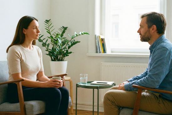 Terapeuta escuta cliente em consultório, construindo base segura para futuro voltar a confiar no corpo.