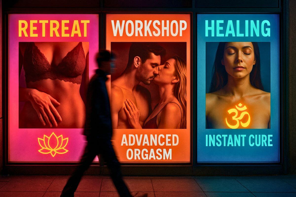 Vitrines à noite com anúncios espirituais sensuais, sugerindo as cinco mentiras sobre o Tantra vendidas como produto.