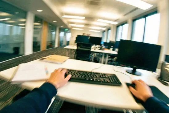 Visão distorcida e borrada de um ambiente de trabalho, simulando a vertigem e os crise de pânico sintomas no corpo descritos no texto.