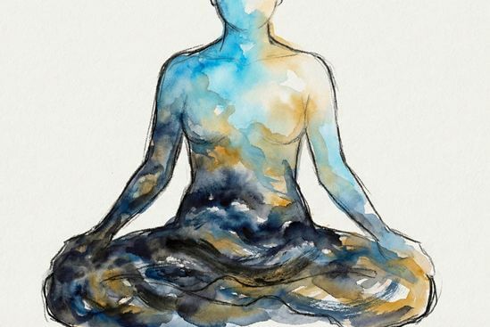 Ilustração artística em aquarela de silhueta humana preenchida por cores de tempestade e calmaria, desconstruindo mitos sobre o Tantra e presença no corpo de que é preciso estar sempre feliz.