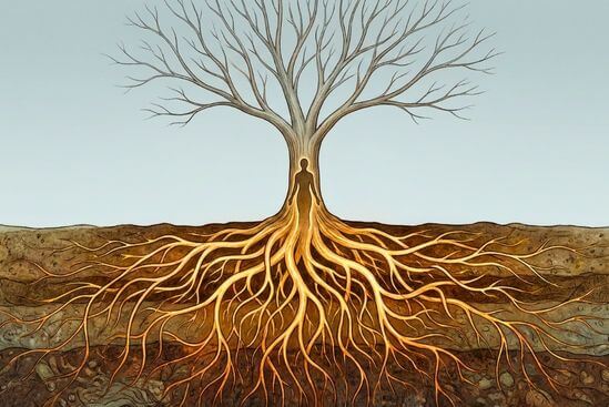 Ilustração de árvore no inverno com raízes profundas, sugerindo o que fazer quando a jornada espiritual estagna.