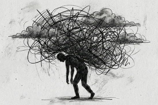 Ilustração em carvão de uma figura humana carregando um emaranhado de linhas pesadas, representando as armaduras emocionais e o peso da autoproteção, questionando-se por que não consigo sentir emoções.