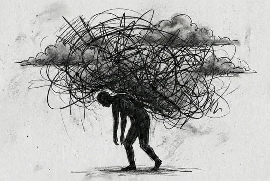Ilustração em carvão de uma figura humana carregando um emaranhado de linhas pesadas, representando as armaduras emocionais e o peso da autoproteção, questionando-se por que não consigo sentir emoções.